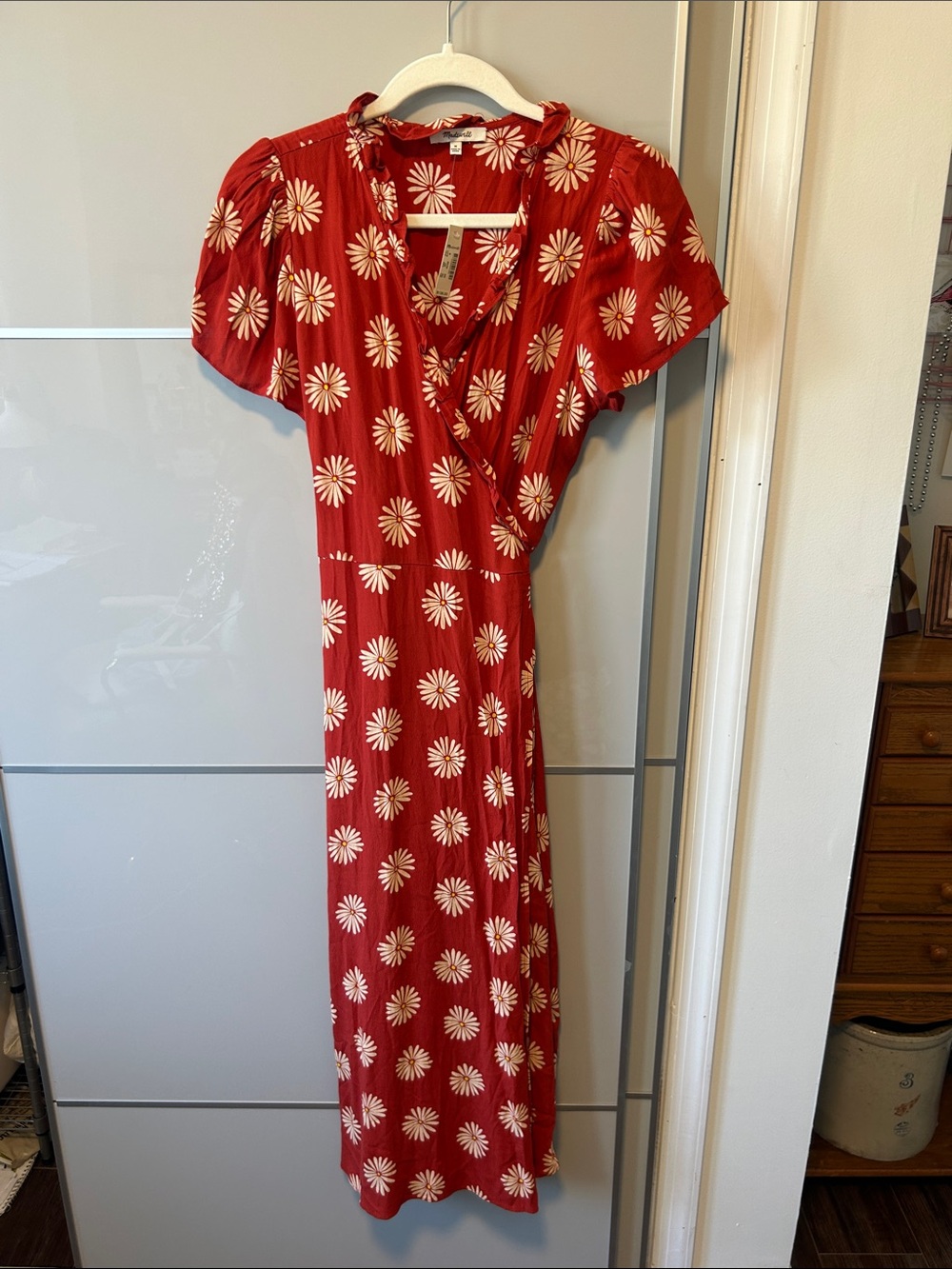 Red Daisy-Print Midi Wrap Dress